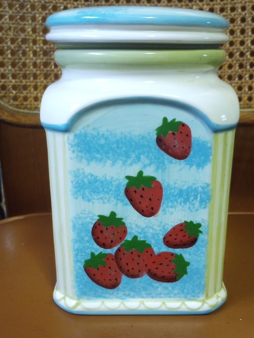 Oggi Vintage Ceramic Strawberry Storage Canister. Creamy White, Red, Green, Blue